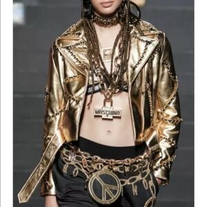 Gold Leather Moschino “H&Moschino” Chains Jeremy Scott Cropped Jacket NWT